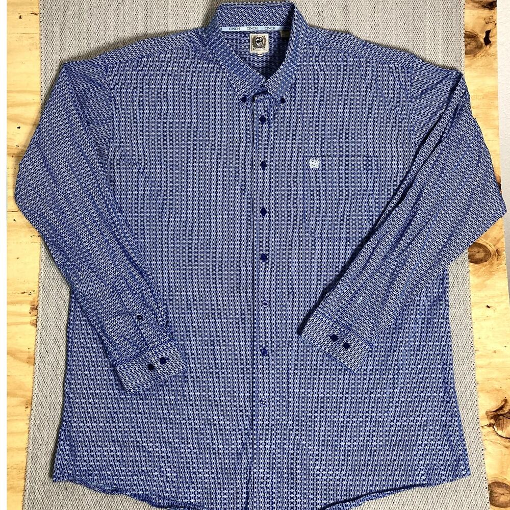 Cinch White Label Western Shirt Men's XXL Blue Gingham Check Rodeo‎ Logo